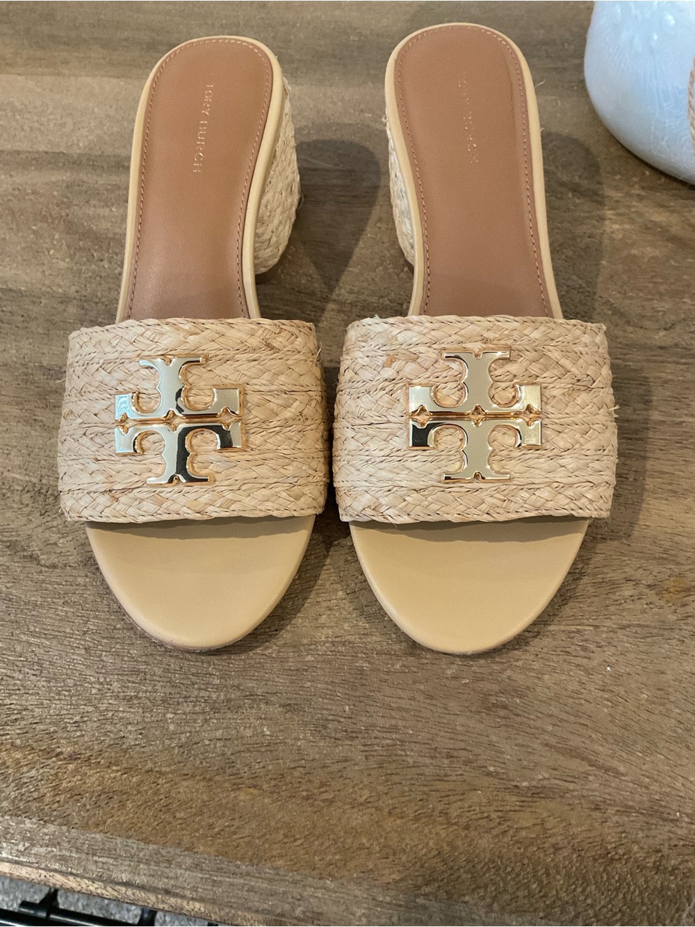 Tory Burch Natural Raffia Slide Mules with Gold Logo